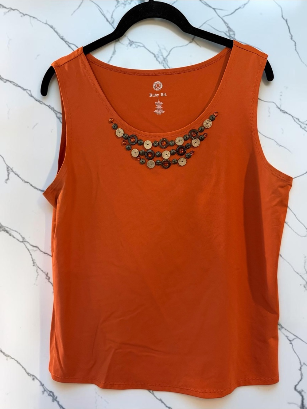 Ruby Rd Tank Top Sz L Rust Orange Beaded Necklace Neckline Boho Statement